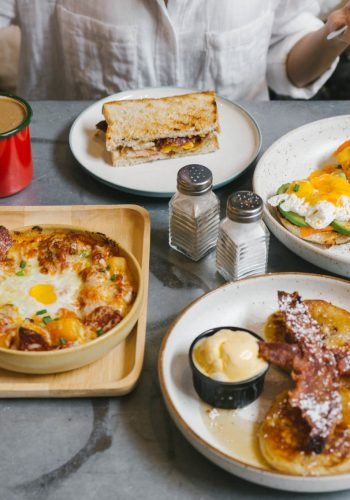 Eggs Benedict, Crispy Bacon stuffed French toast, Cheesy Potato with Crispy Bacon and Pancakes with Maple Syrup, Bacon and Vanilla Ice Cream. Served with Hot Latte.