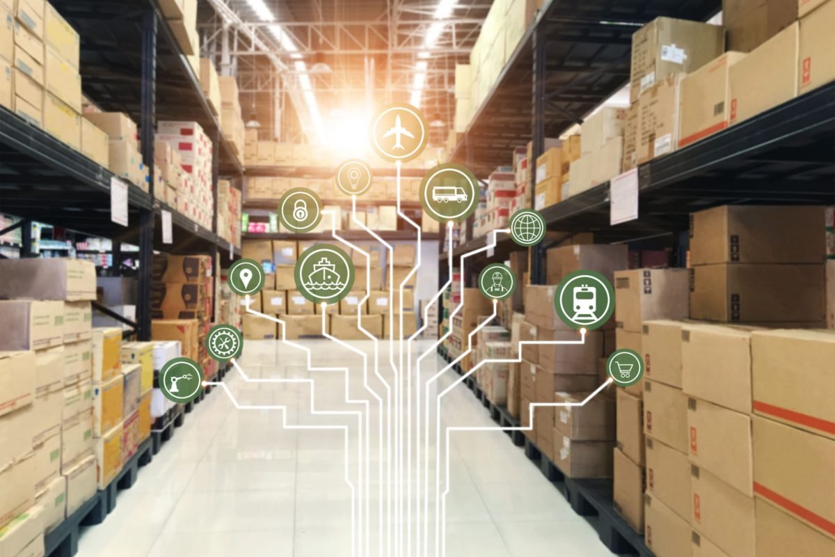 Logistics network Wholesale and Retail. Icon of marketing and process channels transport and logistic on warehouse background.