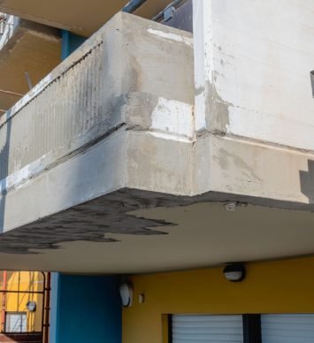 Balconies of condominium facade repaired after degradation and cracks in the reinforced concrete structure