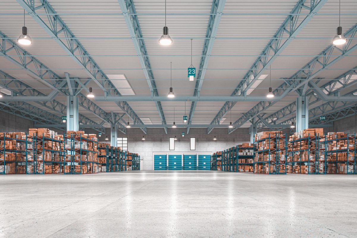 industrial interior, warehouse with goods and shelves. 3d render