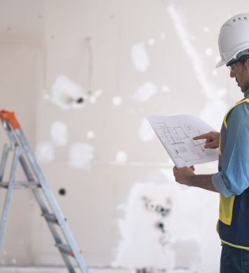 Professional architect points finger to apartment drawing paper in hand standing against ladder specialist in uniform working on property renovation at construction safety equipment